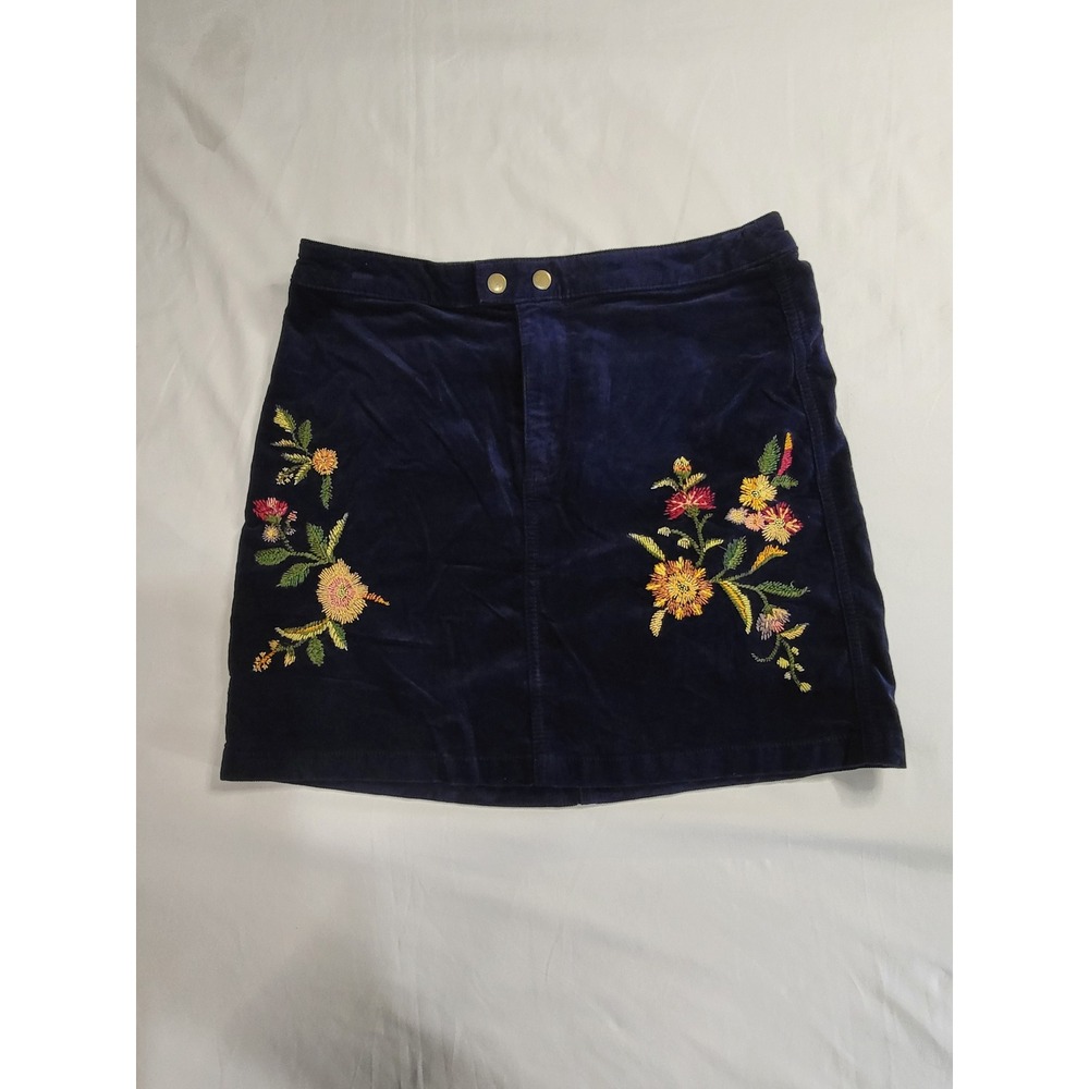 Mossimo Navy Blue Corduroy Floral Embroidered Mini Skirt Size 6 Boho A-Line